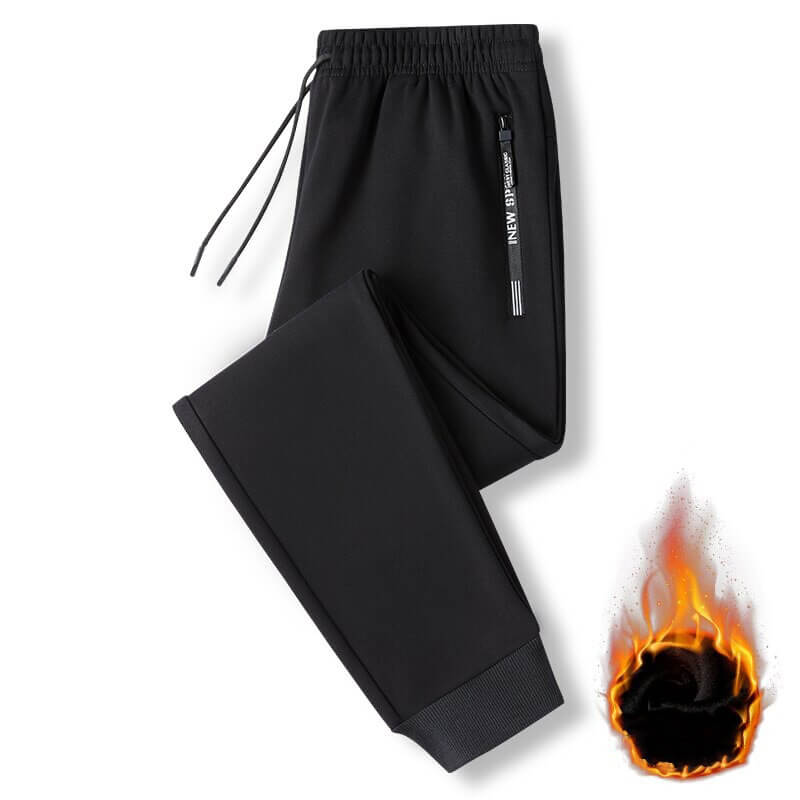 Casual Men's Thick Pants, Windproof Warm Sportswear, Black with Drawstring and Zippered Pocket, Heavyweight Insulation, SF0622.